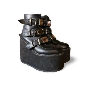 Demonia Black Platform Ankle Boots with Buckles